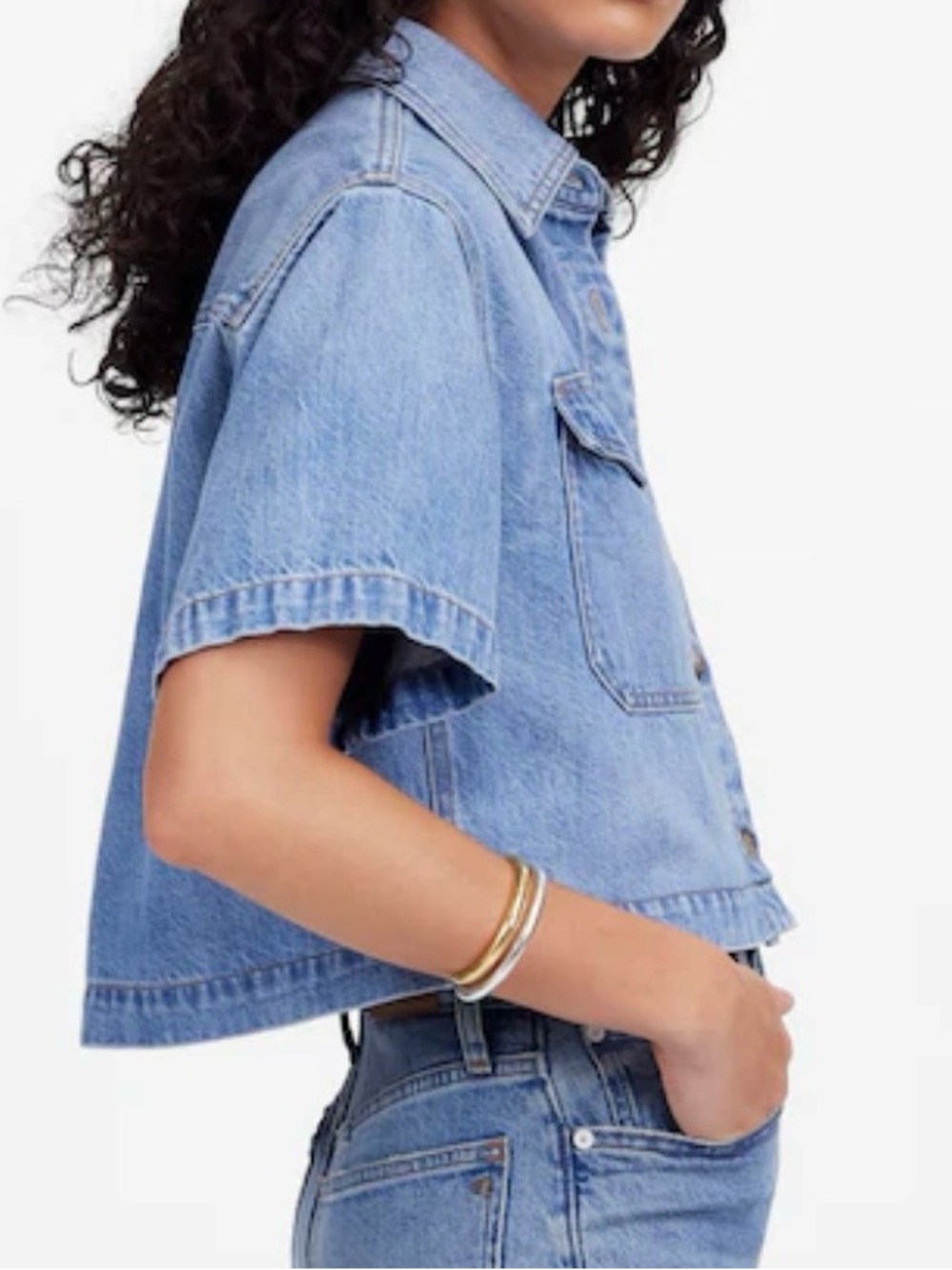 Madewell Boxy Cropped Denim Shirt Short Sleeve Hallstead Wash L Utility - Picture 2 of 11